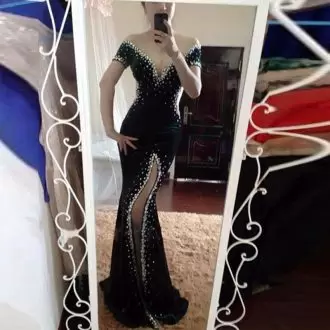 Black Lace Up Beading Short Sleeves Floor Length Prom Dress