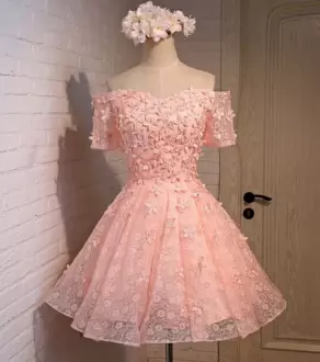 Discount Mini Length Pink Dress for Prom Lace Short Sleeves Lace