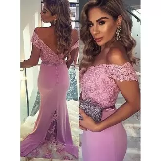 Rose Pink Mermaid Lace Prom Dress Lace Up Chiffon Cap Sleeves Floor Length