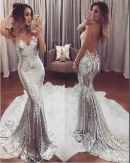 Captivating Ruching Evening Wear Silver Backless Sleeveless Floor Length Cathedral Train