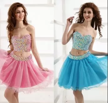 Colorful Rose Pink Two Pieces Sweetheart Sleeveless Tulle Mini Length Lace Up Beading Homecoming Dress