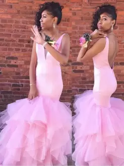 V-neck Sleeveless Backless Dress for Prom Pink Tulle Ruffles