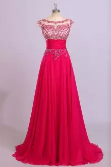 Red A-line Scoop Cap Sleeves Chiffon Sweep Train Zipper Beading Dress for Prom