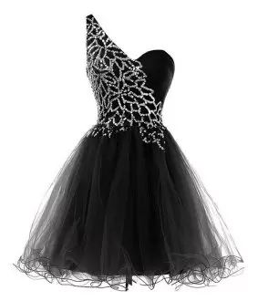 Cute Plus Size Black One Shoulder Beaded Short Prom Dress with Crystals