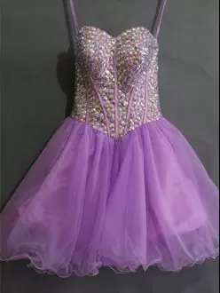 Fashionable Tulle Spaghetti Straps Sleeveless Lace Up Beading Hoco Dress in Lavender