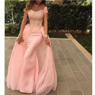 Fitting Pink Lace Up Off The Shoulder Lace Prom Dresses Tulle Short Sleeves