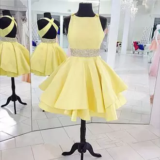 High End Scoop Sleeveless Prom Evening Gown Mini Length Beading Yellow Satin