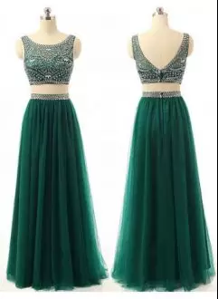 Admirable Floor Length Backless Prom Evening Gown Green for Prom and Party with Beading