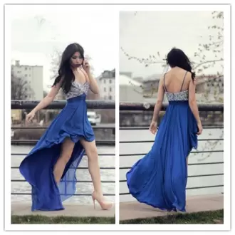 Most Popular High Low A-line Sleeveless Blue Dress for Prom Zipper