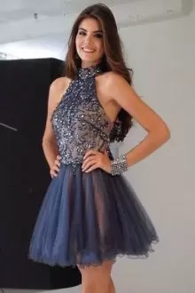 Glittering Mini Length Blue Dress for Prom Tulle Sleeveless Beading