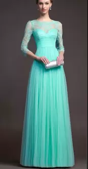 Free and Easy Turquoise 3 4 Length Sleeve Floor Length Lace Zipper Dress for Prom Scoop