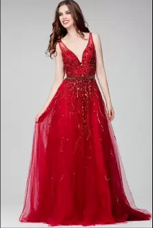 Red A-line V-neck Sleeveless Tulle Floor Length Backless Beading Evening Dress