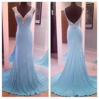 Great White Mermaid V-neck Sleeveless Satin Floor Length Sweep Train Lace Up Beading and Lace Prom Party Dress