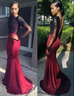 Customized Red And Black Homecoming Dresses Satin Brush Train Long Sleeves Lace and Appliques