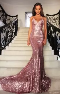 Hot Sale Sleeveless Sequined Brush Train Criss Cross Prom Party Dress in Pink with Sequins
