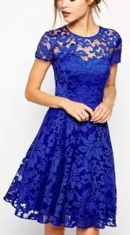 Short Sleeves Mini Length Lace Lace Up Homecoming Party Dress with Royal Blue