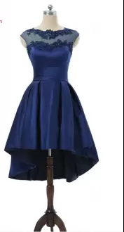 Simple Royal Blue A-line High Low Satin Homecoming Dress Illusion Neckline