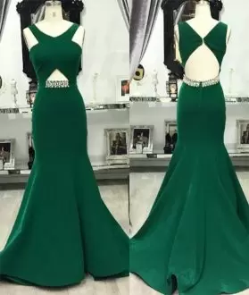 Custom Made Mermaid Sleeveless Green Prom Dress Sweep Train Backless