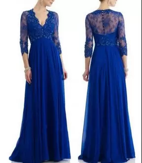 3 4 Length Sleeve Chiffon Floor Length Zipper Prom Dress in Royal Blue with Beading and Lace