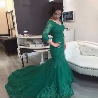 3 4 Length Sleeve Tulle Court Train Lace Up Prom Gown in Green with Appliques