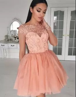 Peach A-line Chiffon High-neck Cap Sleeves Beading and Lace Mini Length Lace Up Prom Dresses