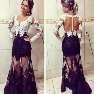 Mermaid Prom Homecoming Dress White And Black Scoop Tulle Long Sleeves Floor Length Zipper