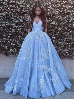 Eye-catching V-neck Sleeveless Prom Dress Floor Length Sweep Train Beading and Lace Blue Satin and Tulle