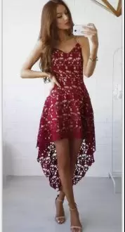 Sleeveless High Low Hoco Dress in Red with Lace Prom Dress