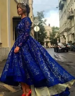 Eye-catching Scoop Long Sleeves Junior Homecoming Dress Tea Length Lace Royal Blue Lace