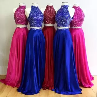 Eye-catching Floor Length Royal Blue and Fuchsia Prom Dresses Halter Top Sleeveless Backless