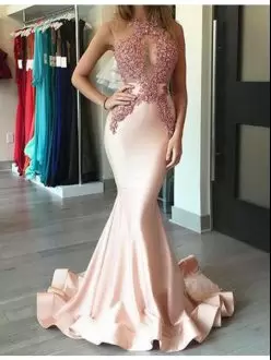 Edgy Pink Prom Gown Prom and Party with Appliques Scoop Sleeveless Sweep Train Lace Up