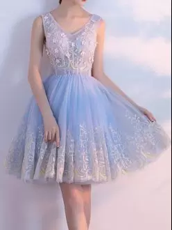 Great Light Blue A-line Tulle V-neck Sleeveless Beading and Appliques Mini Length Zipper Homecoming Dress