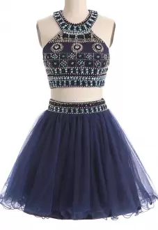 Smart Sleeveless Mini Length Beading Backless Hoco Dress with Navy Blue