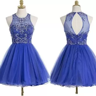 New Arrival Sleeveless Knee Length Beading Backless Prom Dress with Royal Blue