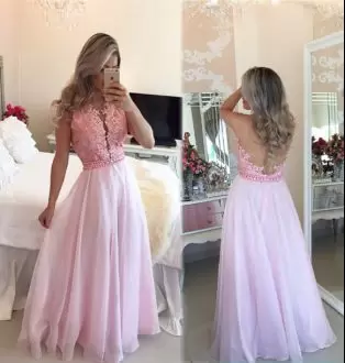 Pink Backless Prom Dresses Beading and Appliques Long Sleeves Floor Length