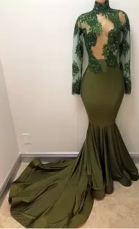 Olive Green Lace Up High-neck Long Sleeves Homecoming Dress Online Brush Train Beading
