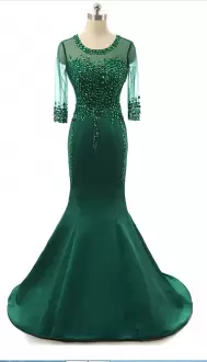 High Quality 3 4 Length Sleeve Satin and Tulle With Brush Train Zipper Prom Dress in Green with Beading
