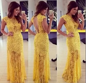 Custom Design Floor Length Backless Homecoming Dress Yellow for Prom with Lace