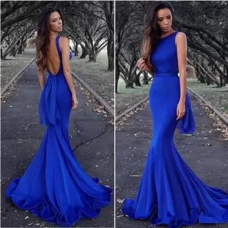 Eye-catching Royal Blue Sleeveless Satin Brush Train Backless Prom Party Dress for Prom and Party