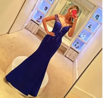 Floor Length Royal Blue Hoco Dress Off The Shoulder Sleeveless Lace Up
