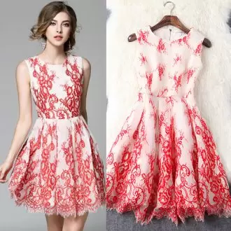 Captivating Lace Homecoming Dress White And Red Zipper Sleeveless Mini Length