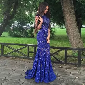 Classical Scoop Cap Sleeves Prom Gown Floor Length Beading and Appliques Royal Blue