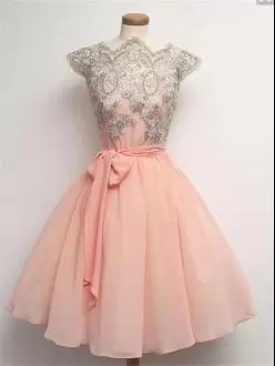 A-line Homecoming Dress Pink High-neck Chiffon Cap Sleeves Mini Length Lace Up
