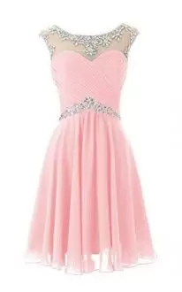 Pink Chiffon and Tulle Backless Scoop Sleeveless Mini Length Dress for Prom Beading