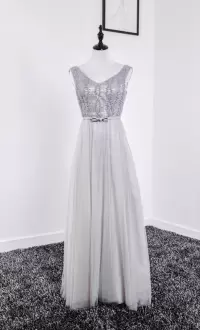 Silver Sleeveless Floor Length Beading Lace Up Going Out Dresses V-neck