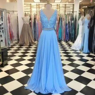 Chiffon V-neck Sleeveless Beading Prom Dress in Blue