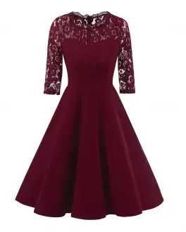 Burgundy Long Sleeves Sheer Back Lace Short Prom Dress