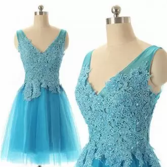 Custom Fit Baby Blue Hoco Dress Prom and Party with Appliques V-neck Sleeveless Side Zipper