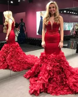 Red Mermaid Organza V-neck Sleeveless Beading and Lace Floor Length Lace Up