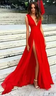 Simple Bright Red Deep V-neck High Slit Homecoming Dress Online
